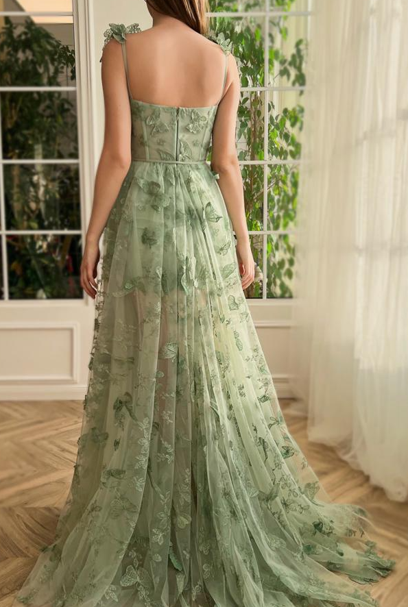 Grünes langes Ballkleid mit Schmetterlingsmotiv aus Tüll fg3594