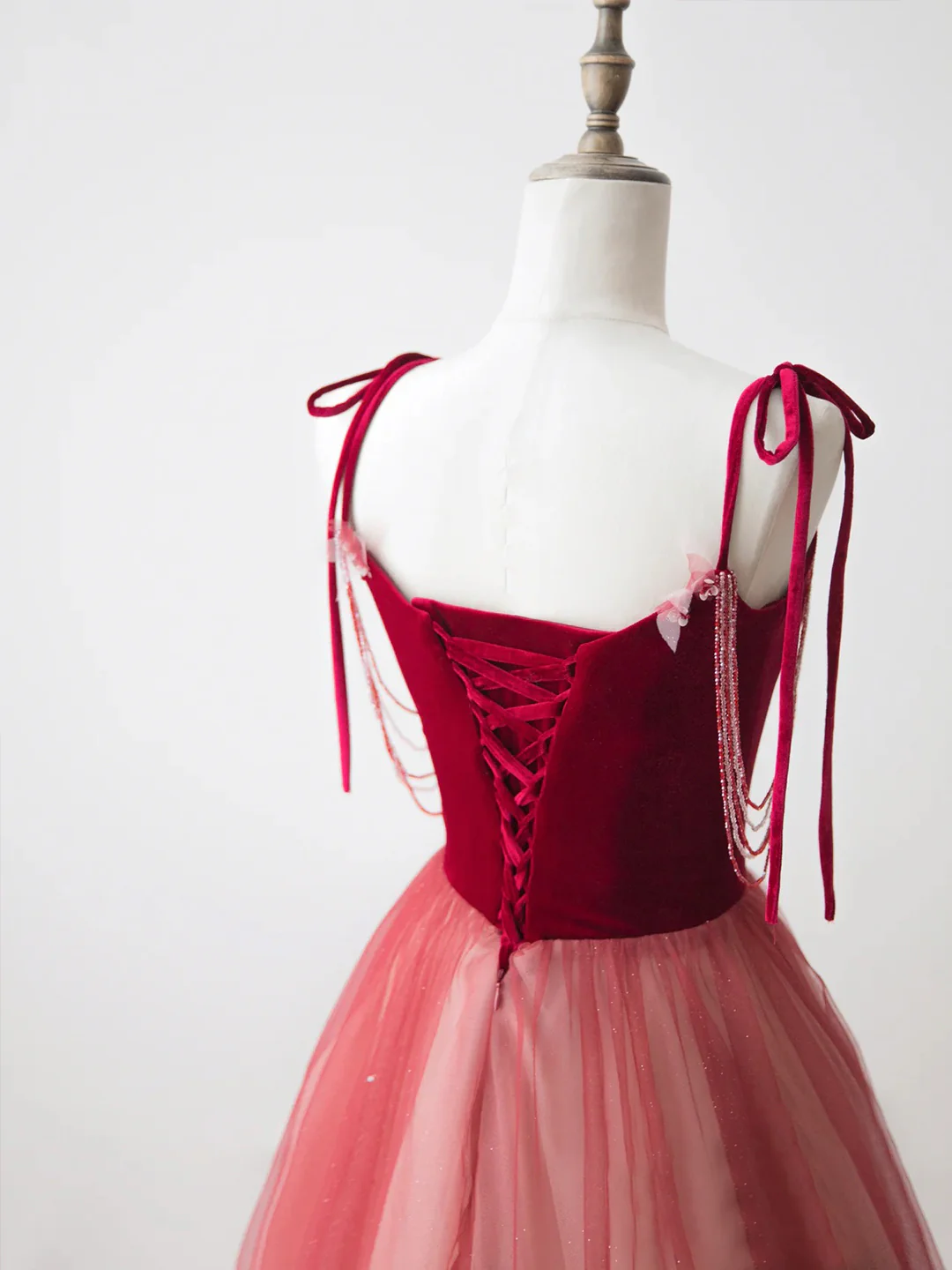 Burgundy Velvet Tulle Long Prom Dress, Beautiful A-Line Spaghetti Strap Evening Party Dress fg5700