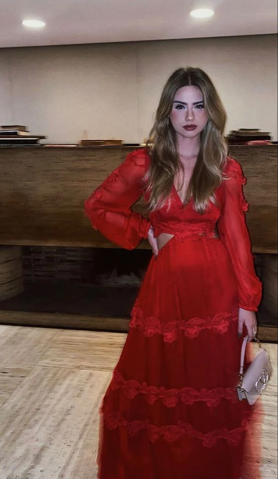 Robe de bal trapèze rouge à manches longues, robe de soirée rouge fg4598