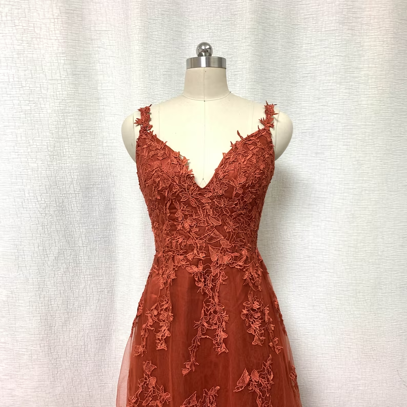 Burnt Orange Lace Tulle Prom Dress fg5060