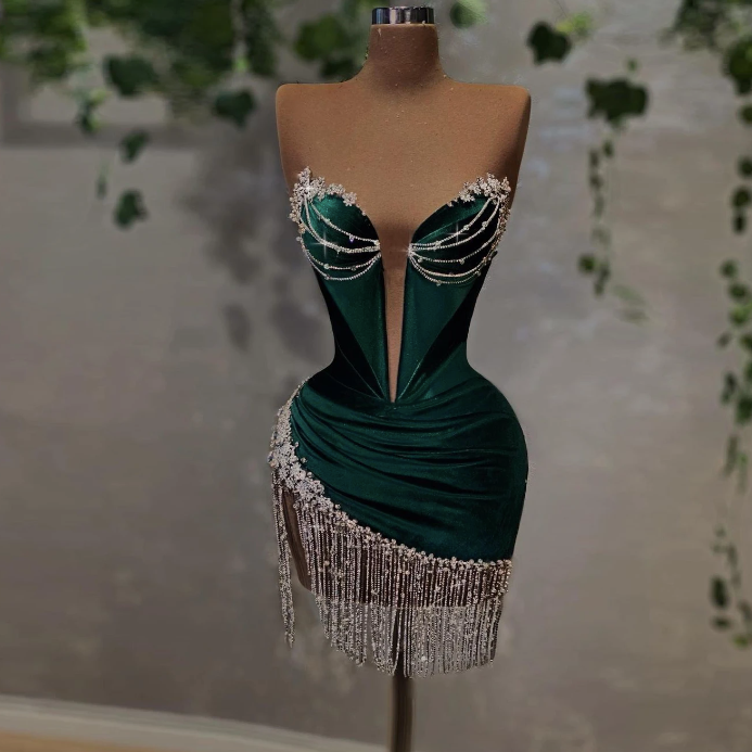 Sexy Elegante Kurze Party Kleider Trägerlosen Ärmellose Kristalle Quaste Afrikanische Frauen Mini Abend Cocktail Kleider fg3519
