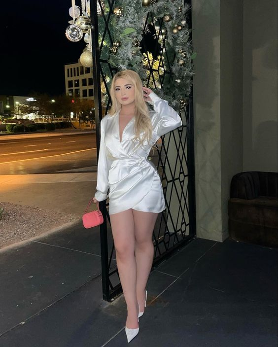 White V neck Pleated Long Sleeve Homecoming Dress,White Outfit Dress fg4596