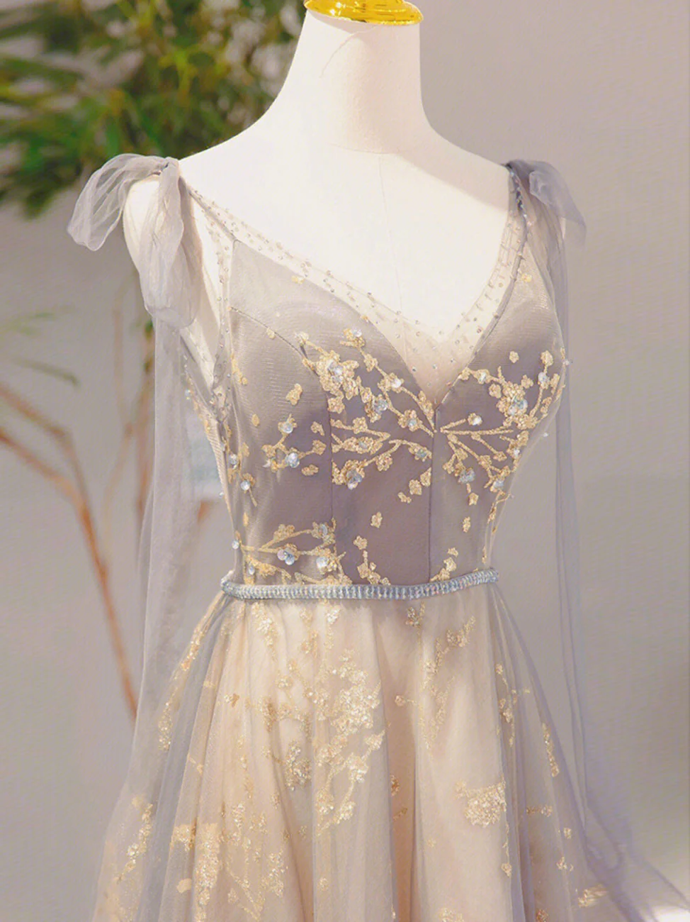 A-Line V Neck Gray Long Prom Dress, Tulle Sequin Lace Long Forma Dresses fg5711