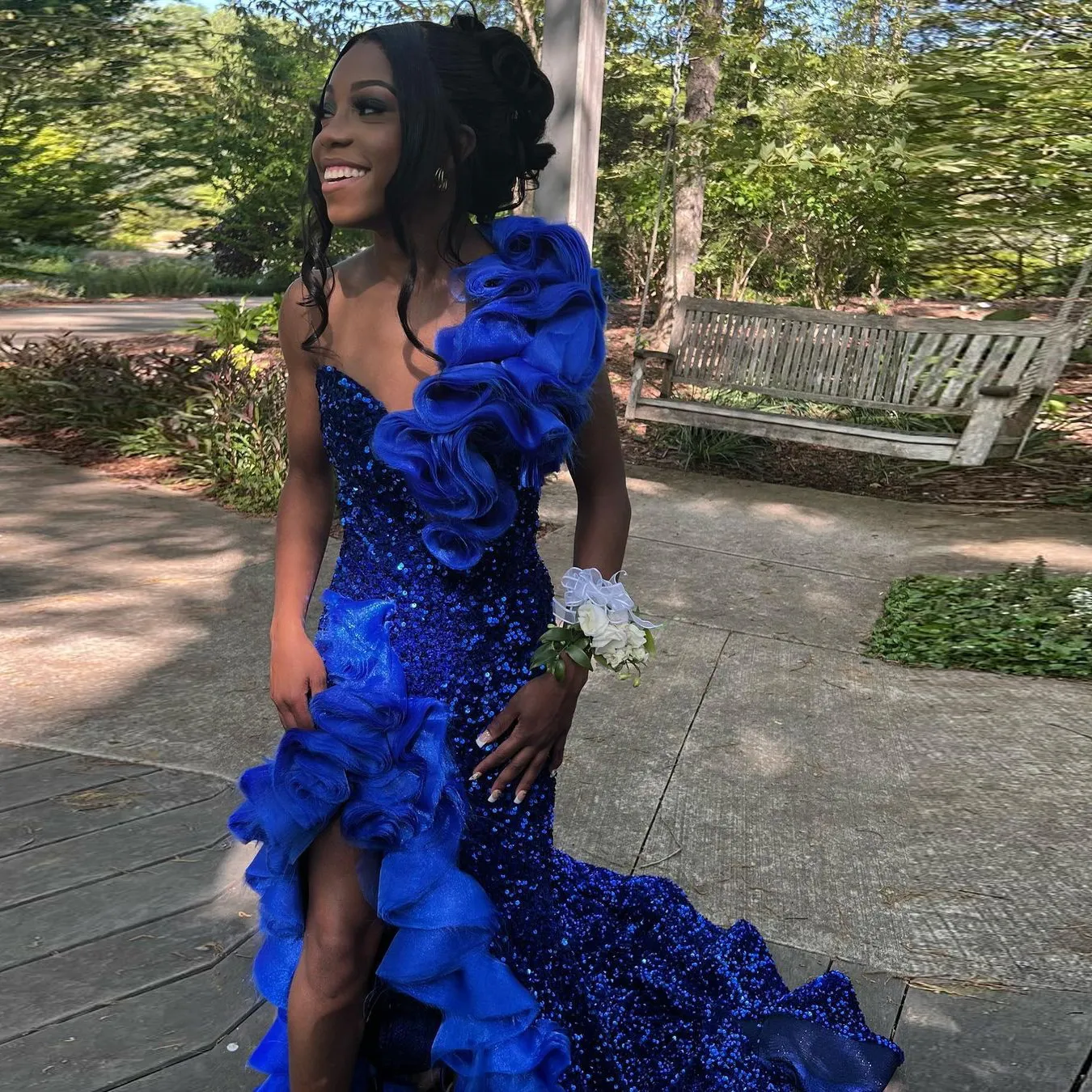 Robe de bal longue bleue à volants pailletés et fente latérale, robe de soirée sexy, robe de remise de diplôme, fg5148