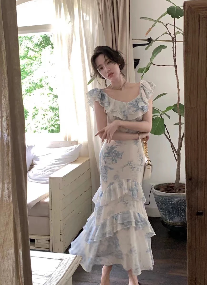 Summer New Women Elegent Slim Party Prom Print Ruffles Dress Female Fashion Party Dress fg5009