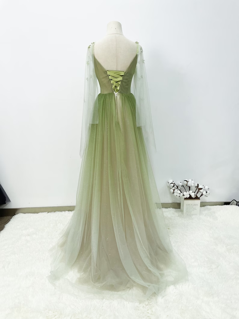 A-line Gradient Green Prom Gown, Soft Glitter Tulle Party Dress fg4554