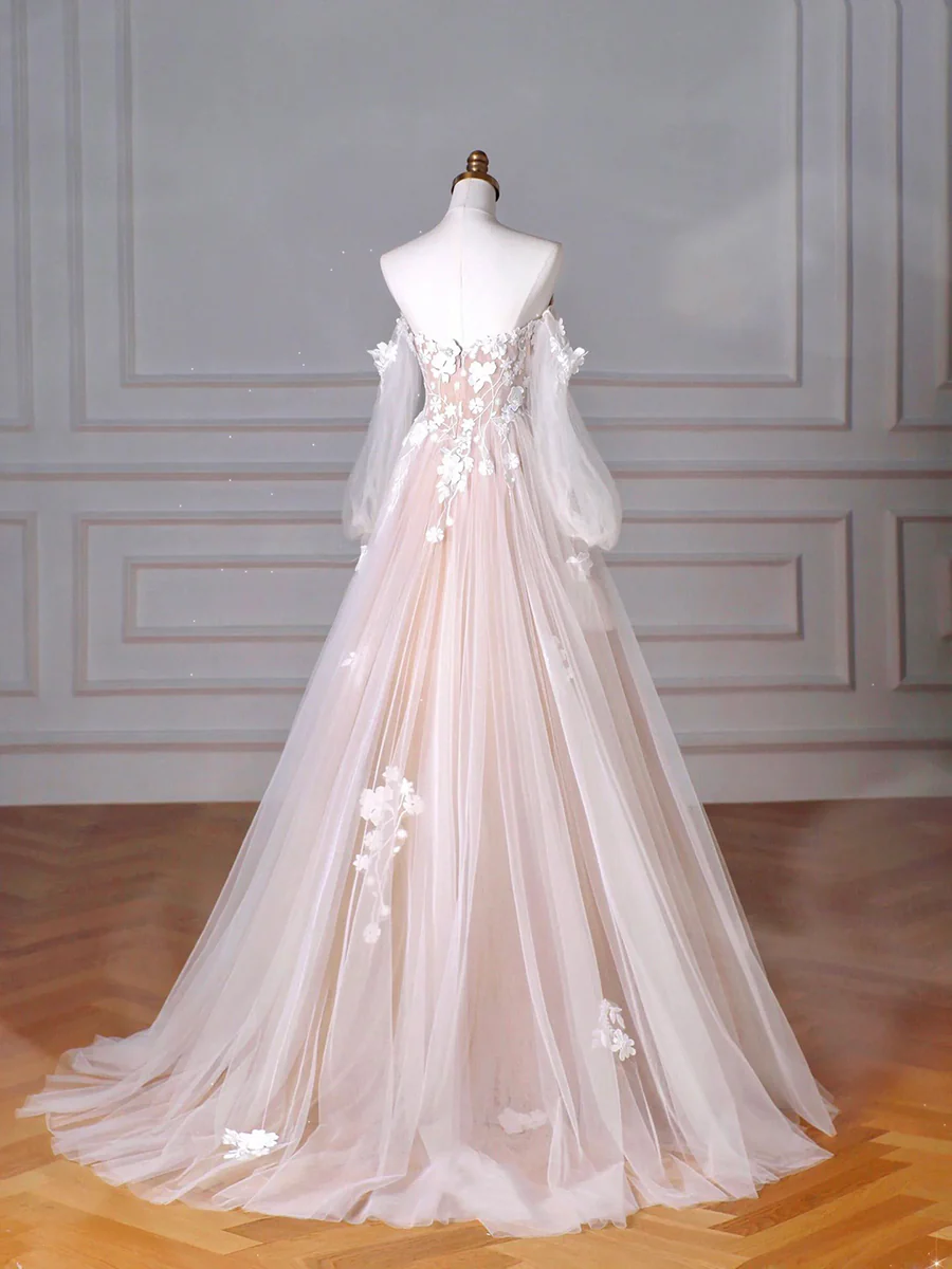 Champagnerfarbenes, langes Abendkleid aus Tüllspitze mit herzförmigem Ausschnitt, A-Linie, Partykleid mit Puffärmeln fg5434