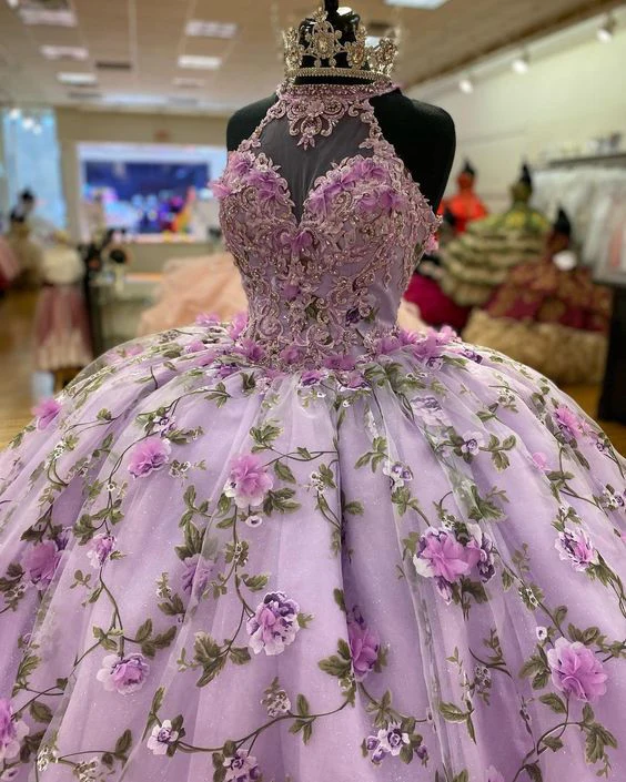 Purple A-line Ball Gown With Flowers,Purple Sweet 16 Dress fg5685