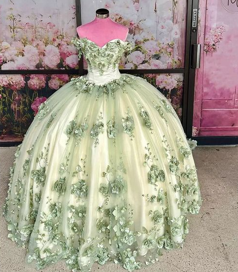 2024 New Sage Green Quinceanera Dress Plus Size 3D Flowers Pearls Prom formalgowns 2024 New Sage Green Quinceanera Dress Plus Size 3D Flowers Pearls Prom formalgowns