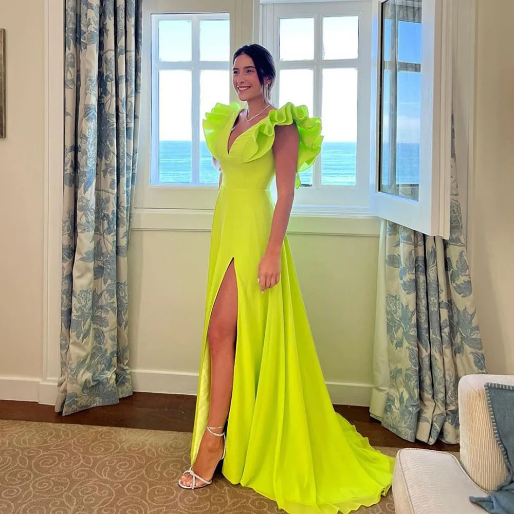 Modern Ruffles Sleeve Evening Dresses V Neck Side Split Satin Special formalgowns Modern Ruffles Sleeve Evening Dresses V Neck Side Split Satin Special formalgowns