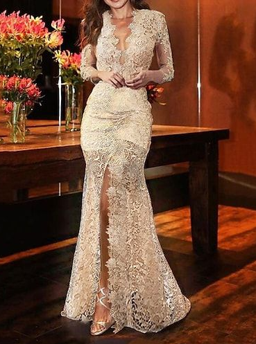 Sexy Champagner Meerjungfrau Abendkleider Split V-Ausschnitt Spitze Prom Party Kleider fg4787
