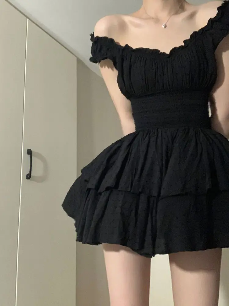 Black Mini Dress Women Vintage A-line Summer Sweet Homecoming Dress fg5773