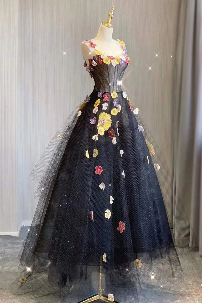 A Line Black Tulle Prom Dress With Flowers Puffy Quinceanera Dresses f formalgowns A Line Black Tulle Prom Dress With Flowers Puffy Quinceanera Dresses f formalgowns
