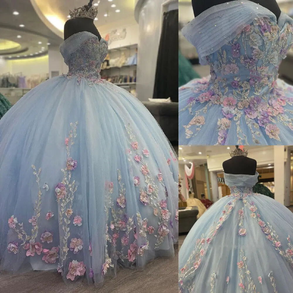 Hellblaues Puffy Ballkleid Quinceanera Kleider Schulterfrei Blumenkorsett Sweet 16 Kleid fg5683