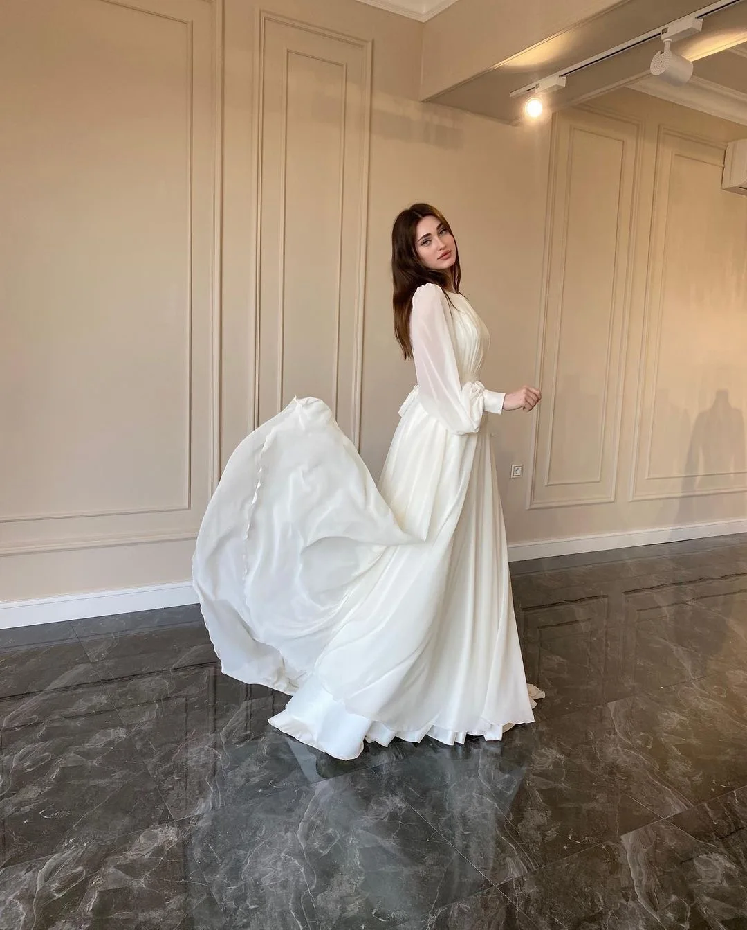 Robe longue plissée élégante à manches lanternes et col rond pour femme, tenue de soirée tendance à manches longues, fg5902