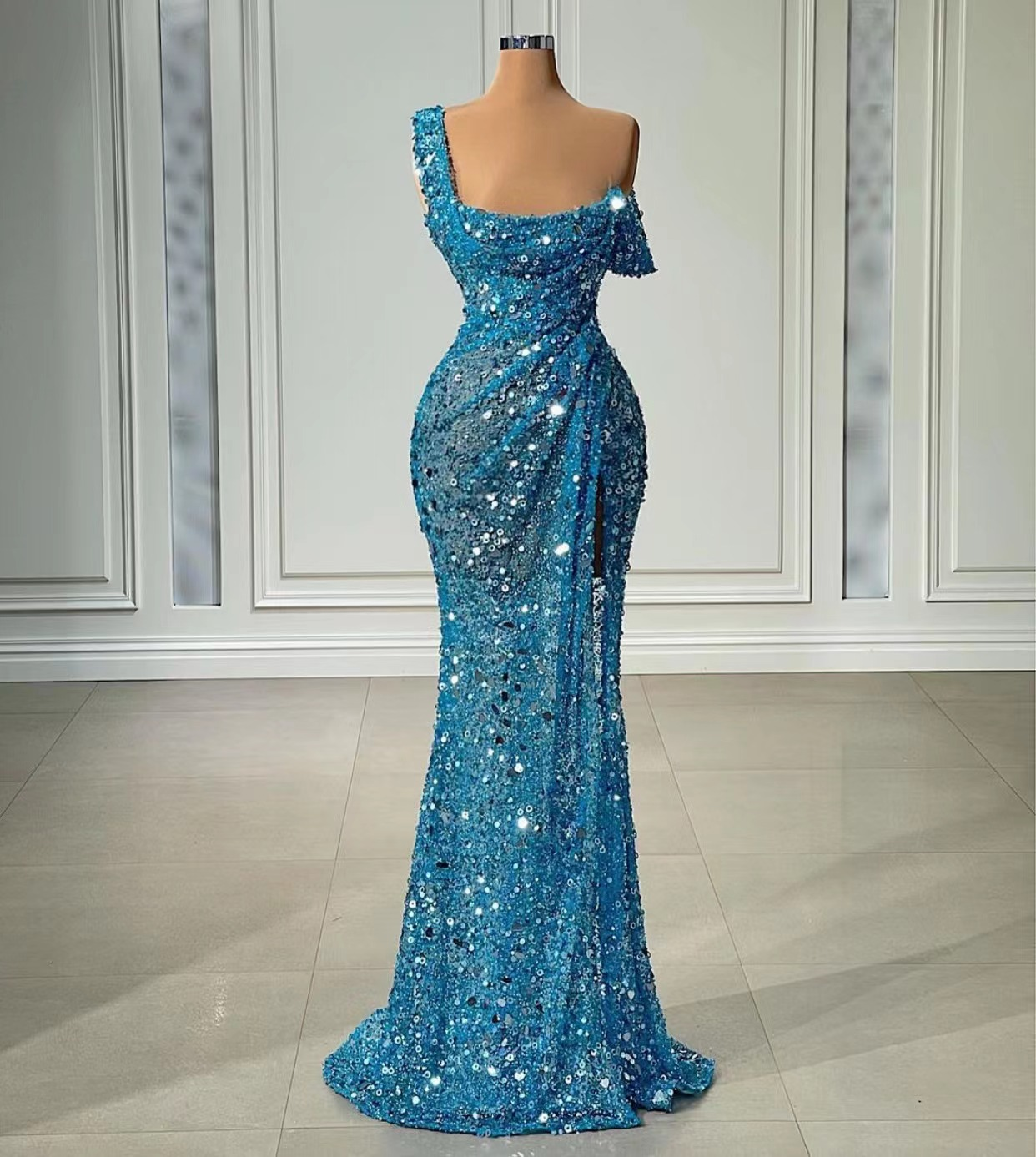 One Shoulder Sparkly Evening Dresses Long Mermaid Blue Sexy Formal Par formalgowns One Shoulder Sparkly Evening Dresses Long Mermaid Blue Sexy Formal Par formalgowns
