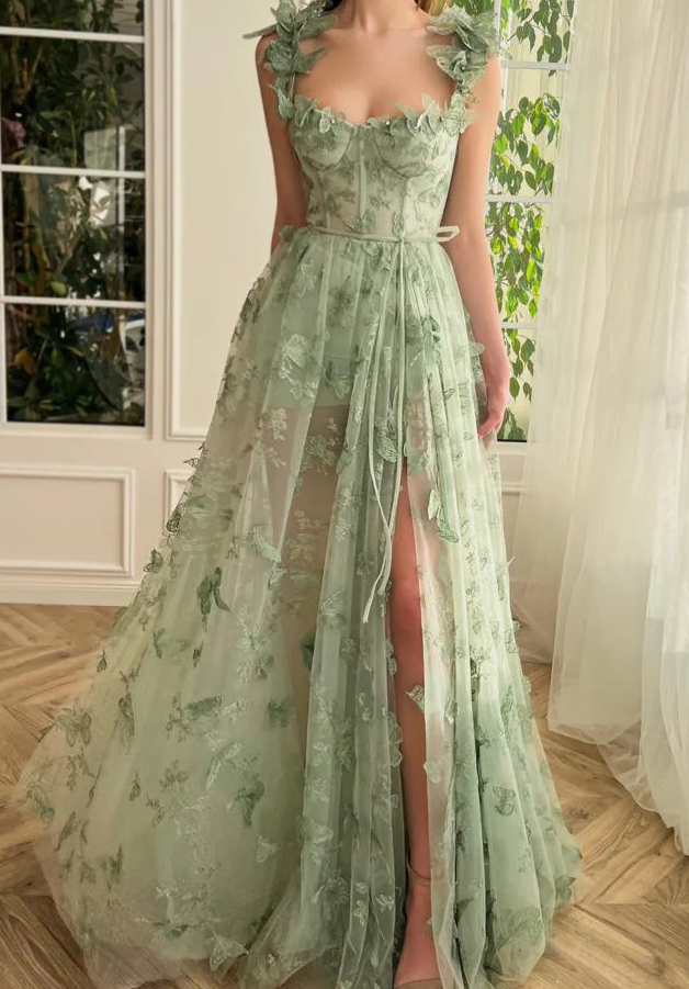 Grünes langes Ballkleid mit Schmetterlingsmotiv aus Tüll fg3594