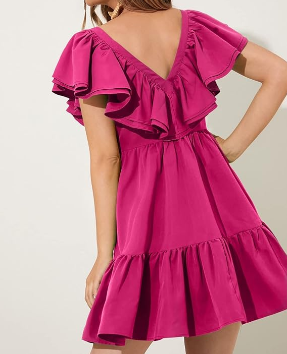 Kurzes Kleid mit V-Ausschnitt und Rüschensaum, Homecoming-Kleid, kurzes Partykleid, fg4266