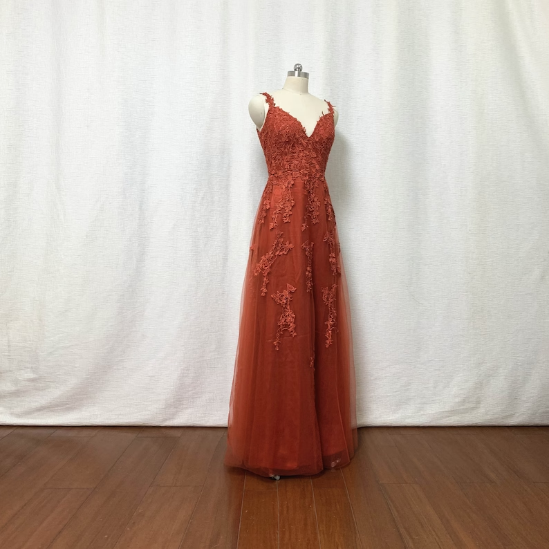 Burnt Orange Lace Tulle Prom Dress fg5060