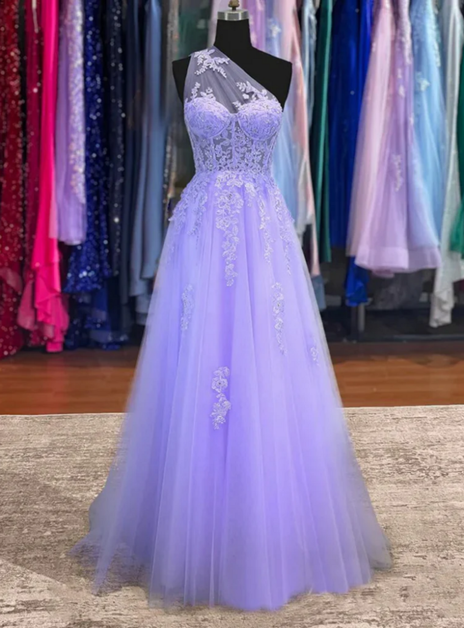 Purple Tulle One Shoulder Appliques Prom Dress fg5402