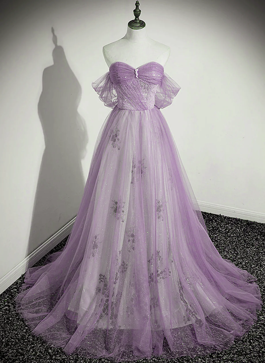 A-Linie Hellviolettes Abendkleid mit Perlen und Herzausschnitt, Hellviolettes Ballkleid fg4416