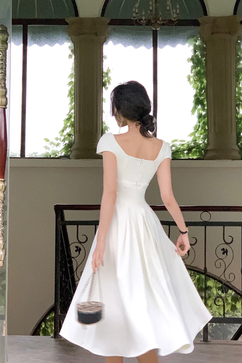 White summer dress women chic elegant square neck evening birthday party midi dress fg6023