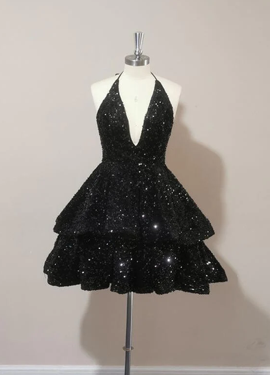 Robe de cocktail courte noire à paillettes scintillantes et dos nu fg3629