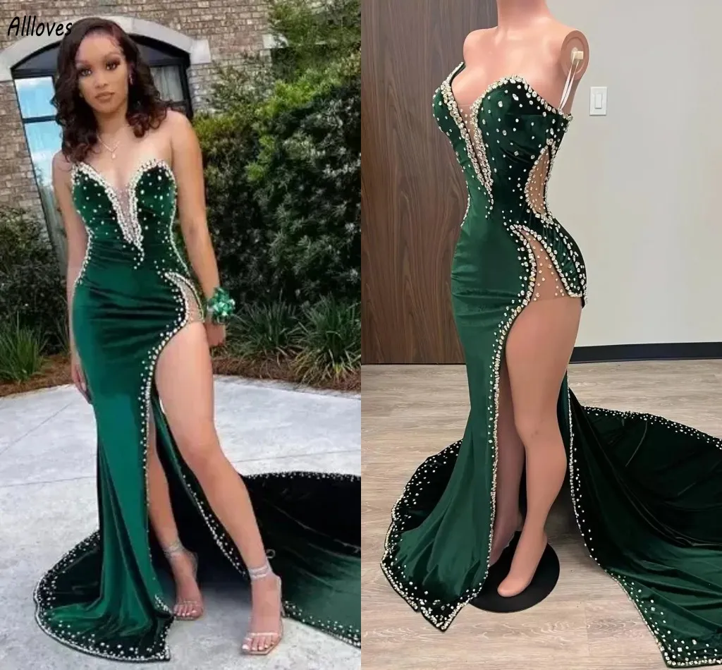 Jägergrünes Samt-Ballkleid, afrikanisches Aso Ebi-Abendkleid mit Cape-Schlitz, Spaghettiträger, glitzernde Perlen, fg2901