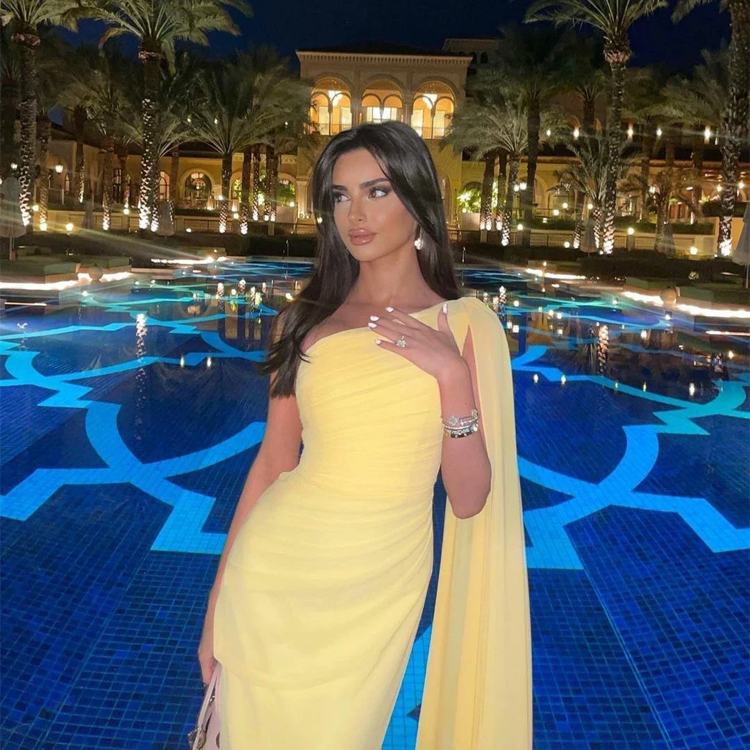 Gelb Chiffon One-Shoulder Abendkleid Elegante Plissee Dubai Arabisch Abendkleider fg5926