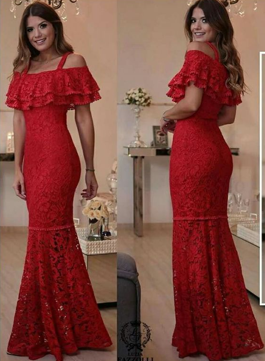 Rotes Spitzen-Abendkleid, langes Meerjungfrauenkleid, fg4436
