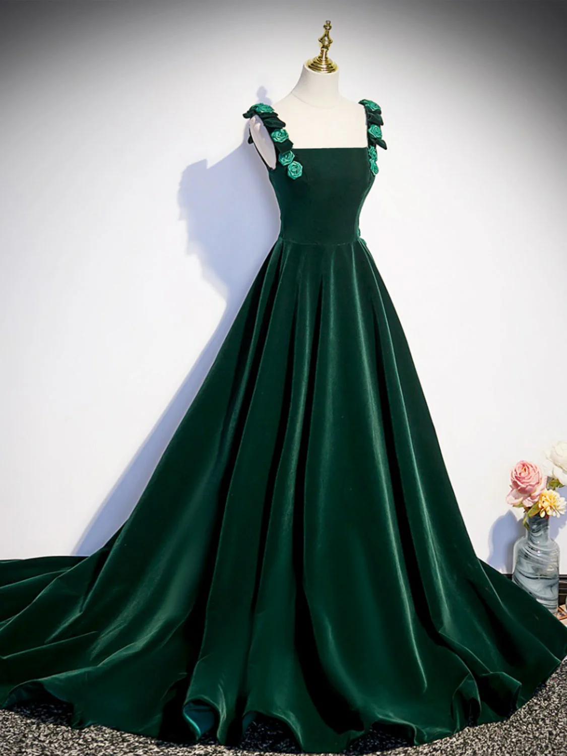 Prom Dresses,a-line Velvet Green Long Prom Dresses, Green Formal Evening Dresses fg5713