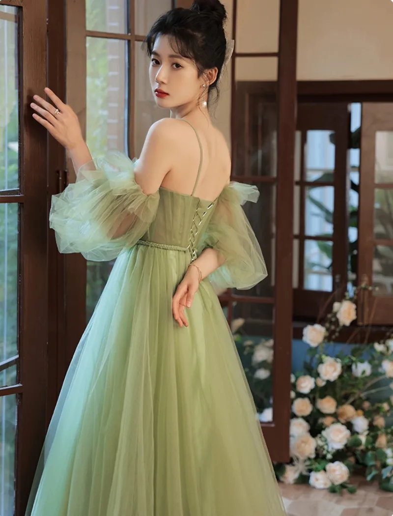 grünes A-Linien-Ballkleid aus Tüll, grünes Abendkleid aus Tüll fg2704