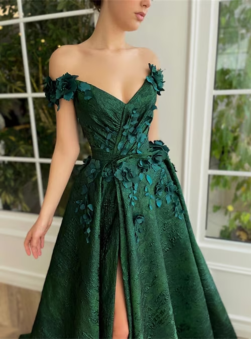 Robe de bal trapèze à fleurs, tenue de soirée pour invité de mariage, traîne courte, sans manches, épaules dénudées, fg3945