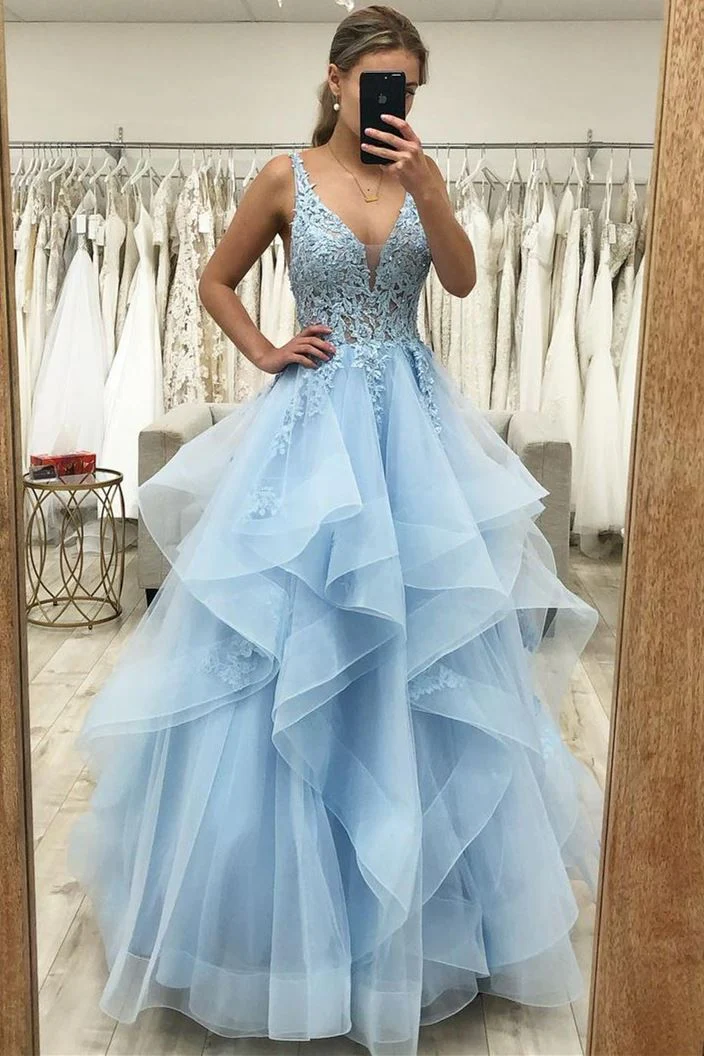 V-neck Tulle Ball Gown Long Prom Dress with Lace Bodice fg5859