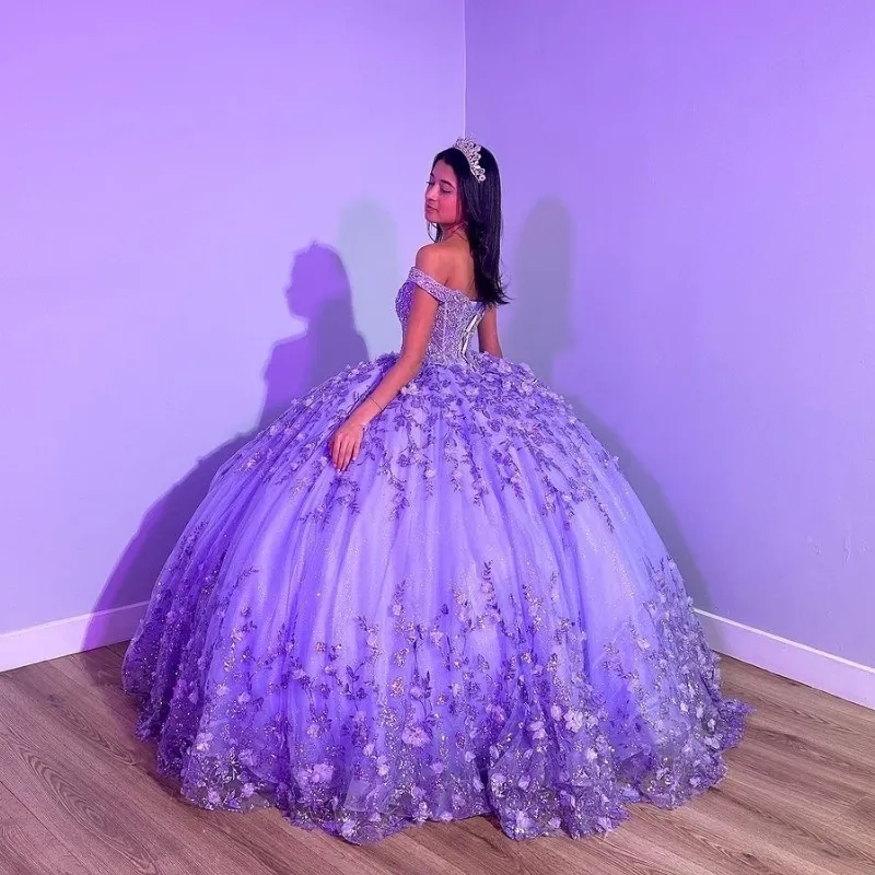 Robe de princesse bouffante violette brillante, épaules dénudées, perles, motif floral 3D, paillettes, lacets, corset, 15 ans, rose, fg5533