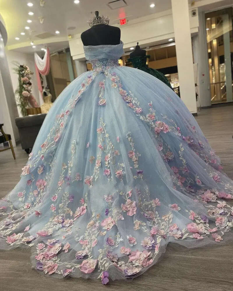 Hellblaues Puffy Ballkleid Quinceanera Kleider Schulterfrei Blumenkorsett Sweet 16 Kleid fg5683