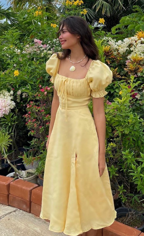 Light Yellow A-line Prom Dress with Puff Sleeves        fg5224