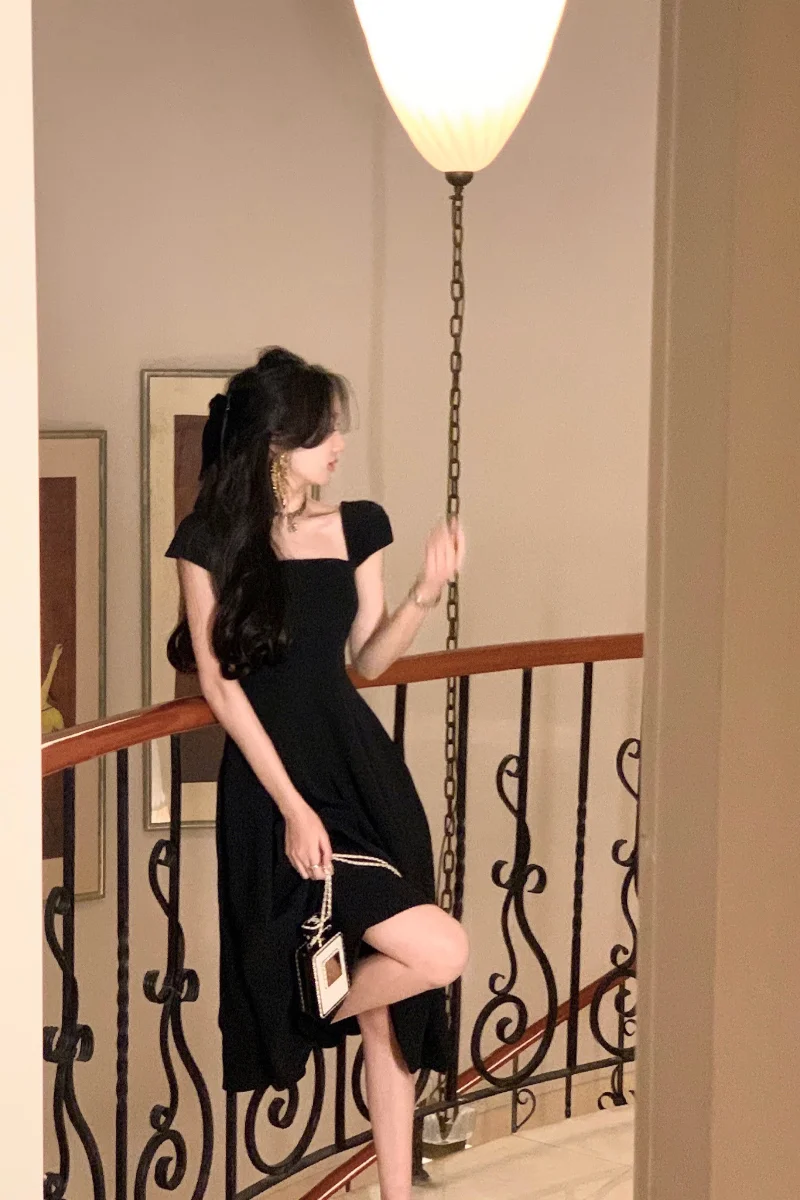White summer dress women chic elegant square neck evening birthday party midi dress fg6023
