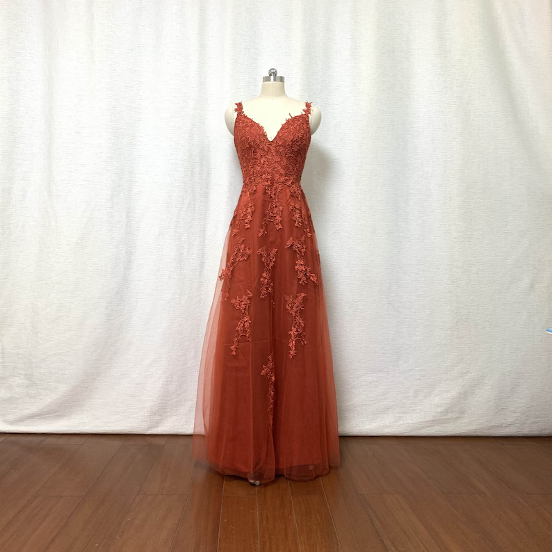 Burnt Orange Lace Tulle Prom Dress fg5060