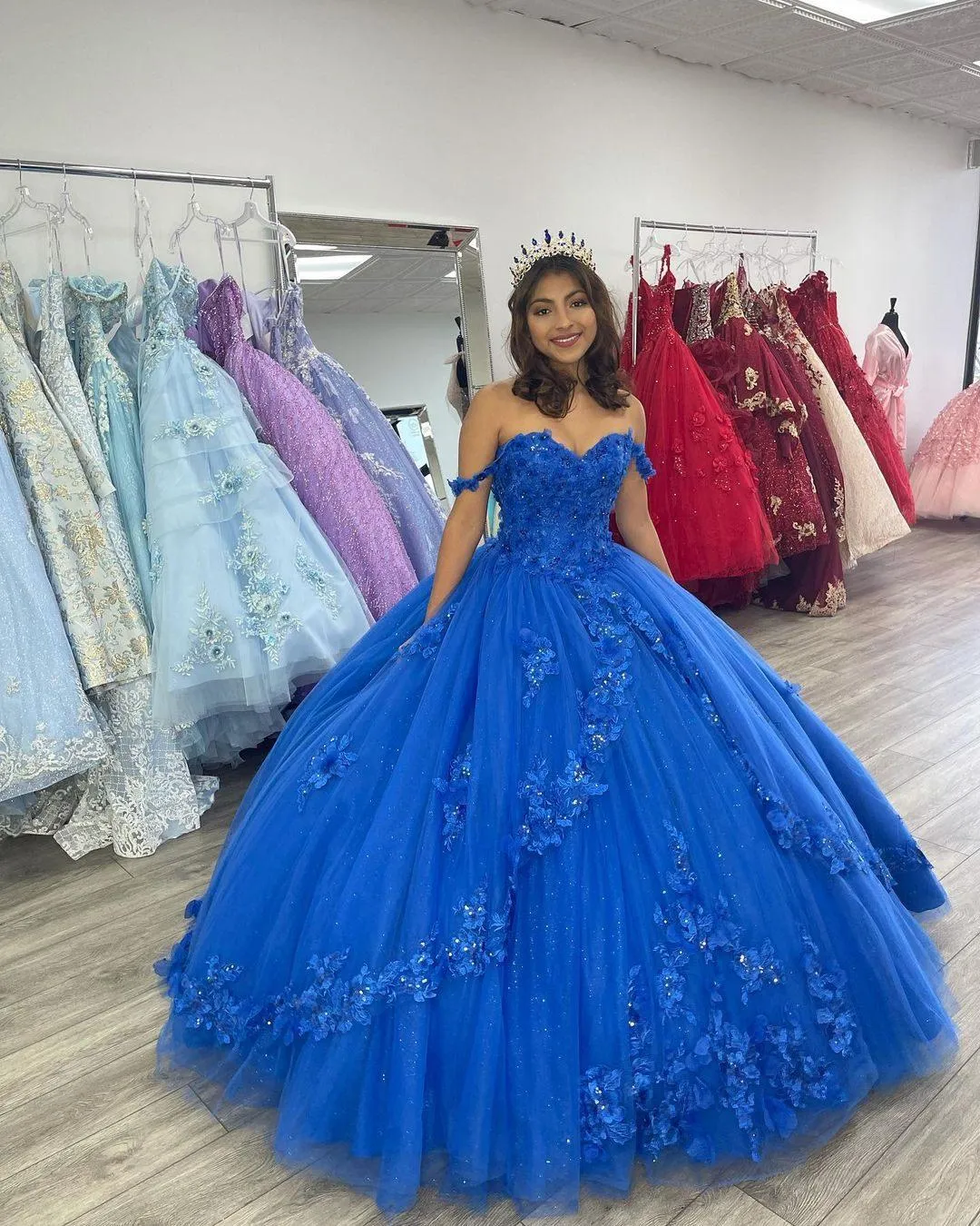 Royal Blue Quinceanera Dresses Lace Appliques Off Shoulder Tulle Evening Gowns fg5524