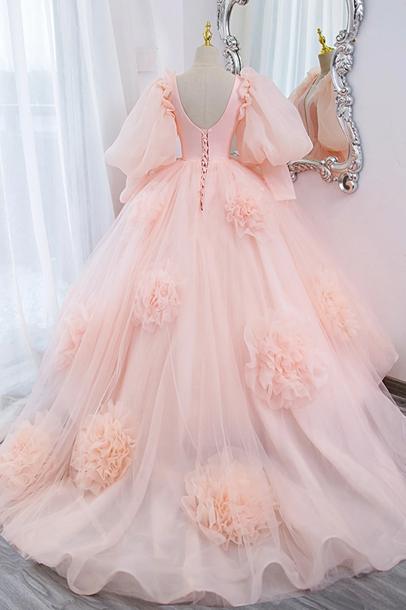 Robe de bal longue en tulle à col en V et manches bouffantes, coupe trapèze, style princesse, fg5705