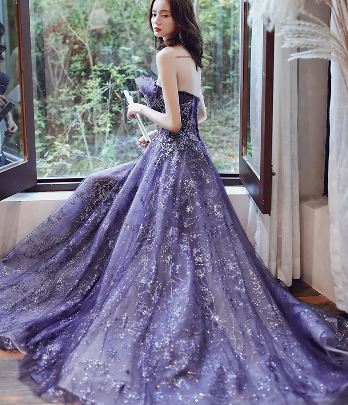 Dunkelviolettes Abendkleid im Tüllstil, Lila A-Linie Langes Ballkleid Partykleid fg4008
