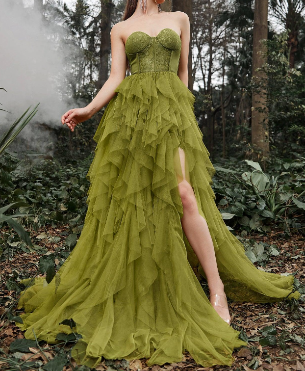 Elegant Lace Bodice Split Ruffle Layered Prom Dress fg6161 – formalgowns Elegant Lace Bodice Split Ruffle Layered Prom Dress fg6161 – formalgowns