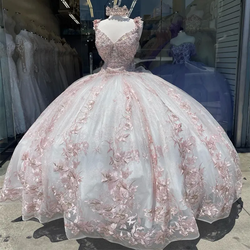 Pink Sexy V-Neck Shiny Quinceanera Dresses Beading 3DFlower Ball Gown Sleeveless Tulle Sweet Princess Vestidos De 15 Girls fg5896