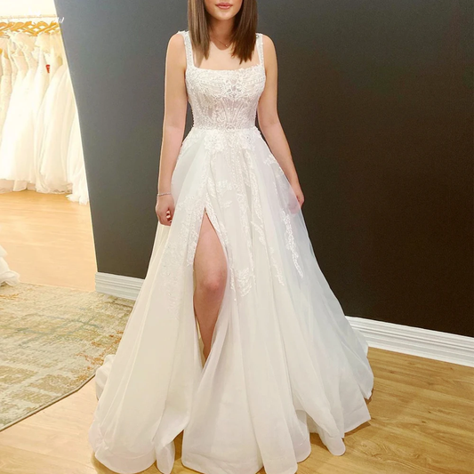 Charmante robe de mariée trapèze en tulle à col carré et appliqués fg5940