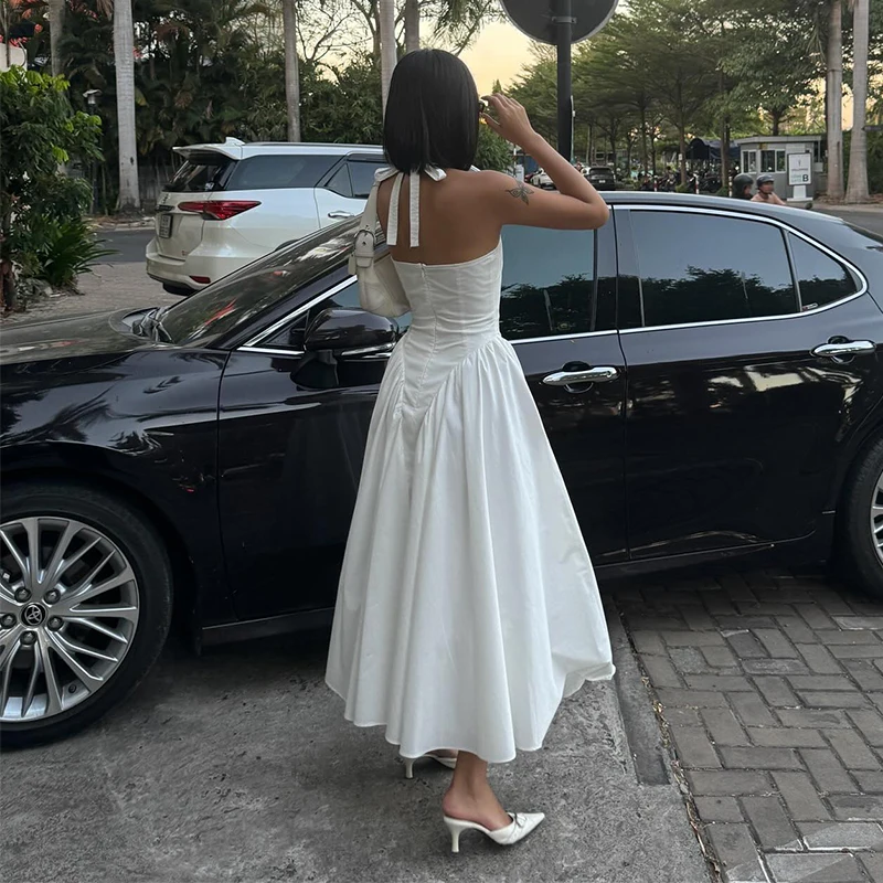 Solid Color Women's V-Neck Evening Dress Sleeveless Halter Chic Dress For Women fg6088