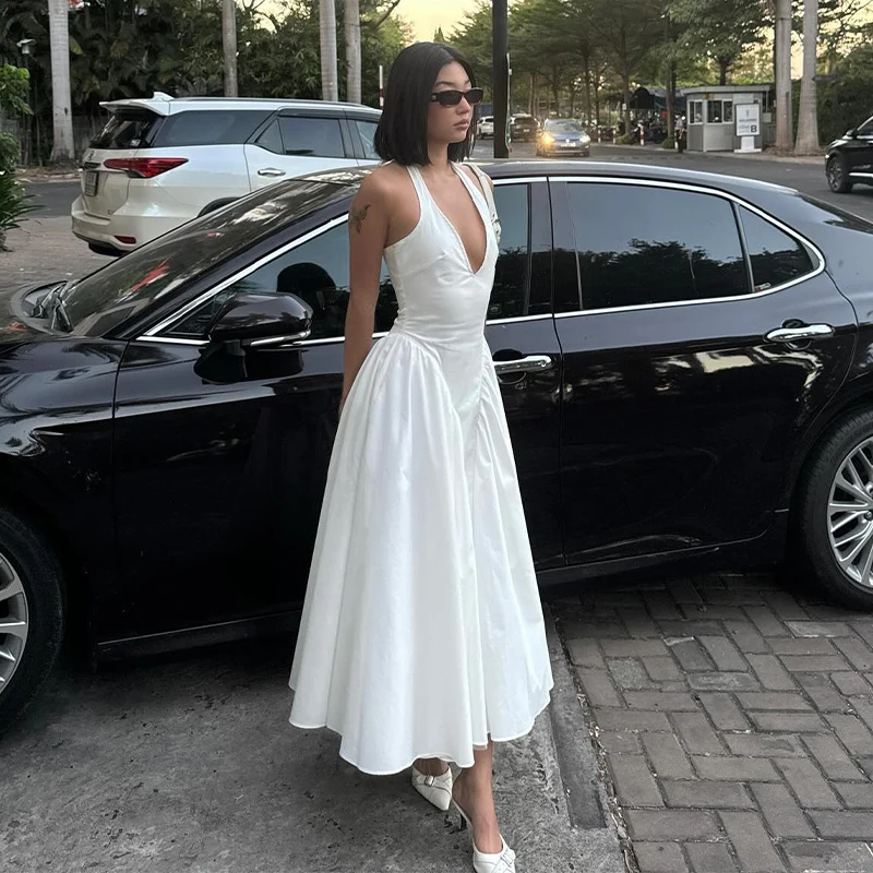 Solid Color Women's V-Neck Evening Dress Sleeveless Halter Chic Dress For Women fg6088