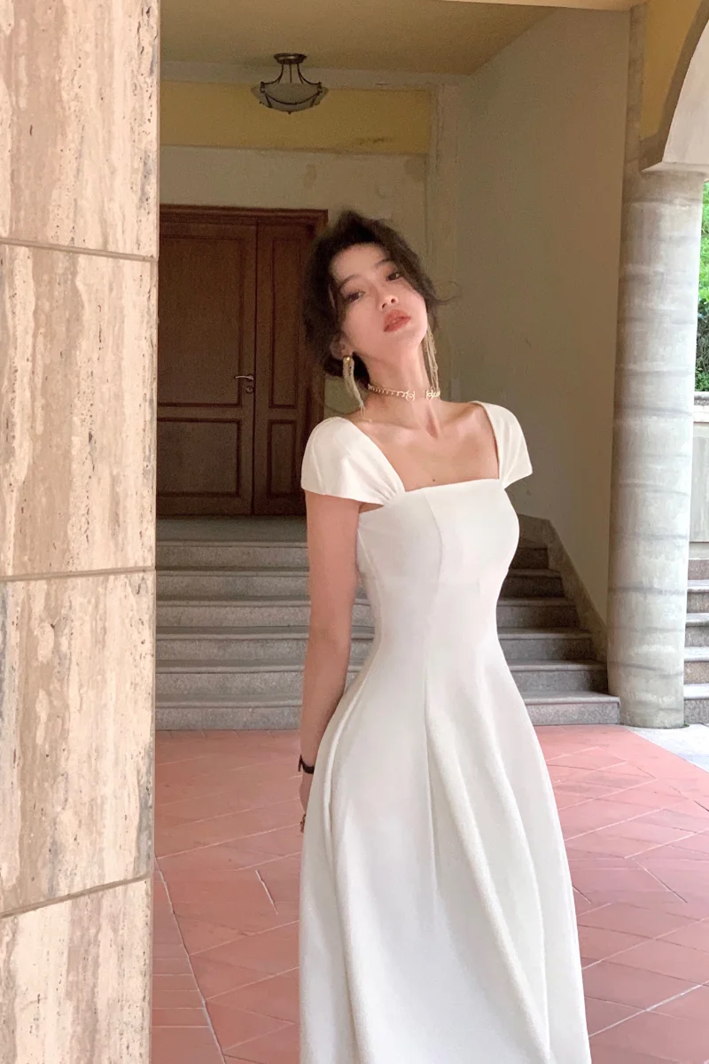 White summer dress women chic elegant square neck evening birthday party midi dress fg6023