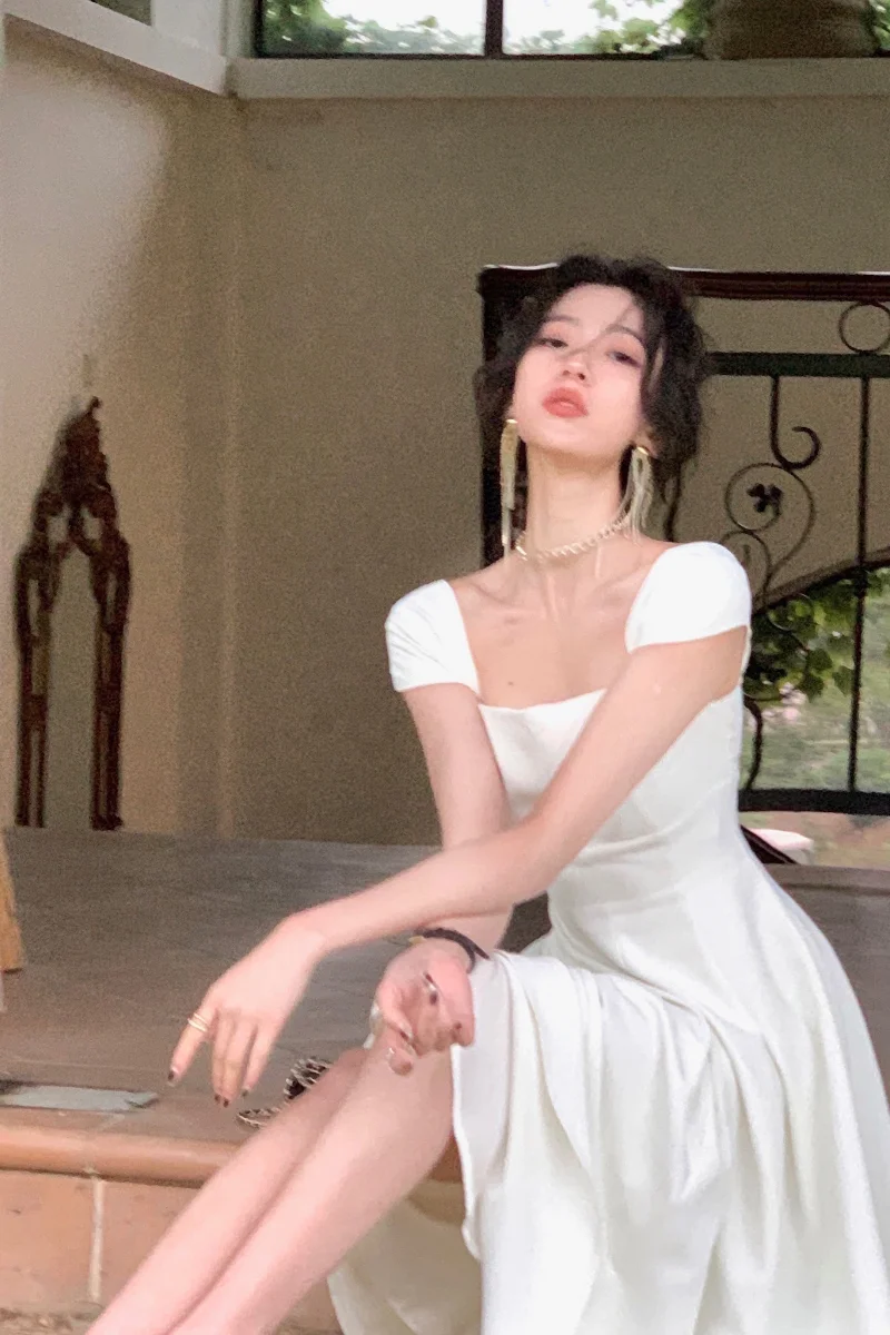 White summer dress women chic elegant square neck evening birthday party midi dress fg6023