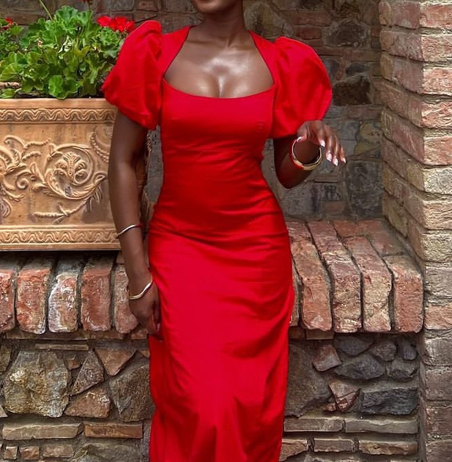 Sexy Puff Sleeves Gown Red Party Prom Evening Dress fg6056